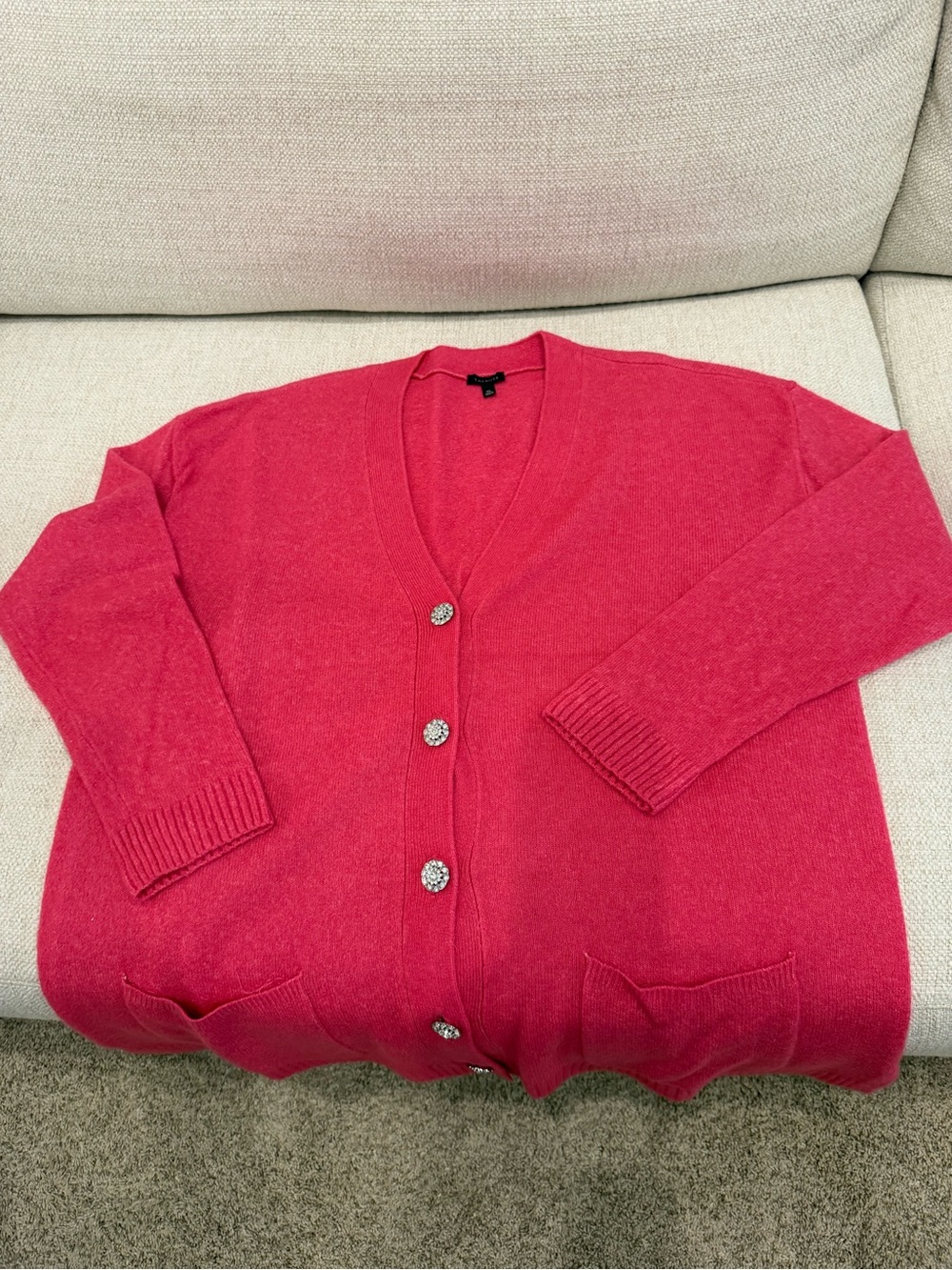 EUC - Talbots Bright Pink V-Neck Cardigan - Jeweled Buttons-  Size XL